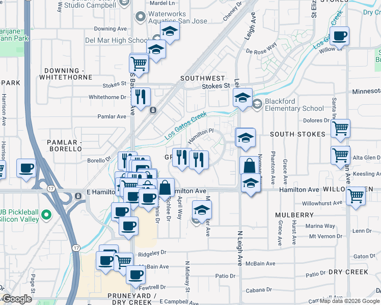 map of restaurants, bars, coffee shops, grocery stores, and more near 2084 Foxhall Loop in San Jose