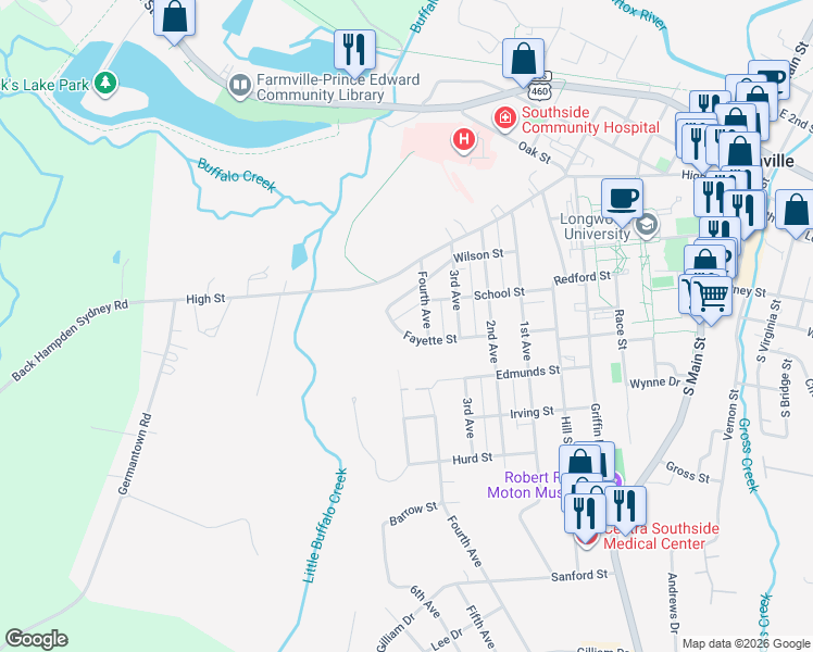 map of restaurants, bars, coffee shops, grocery stores, and more near 298 Fayette Street in Farmville