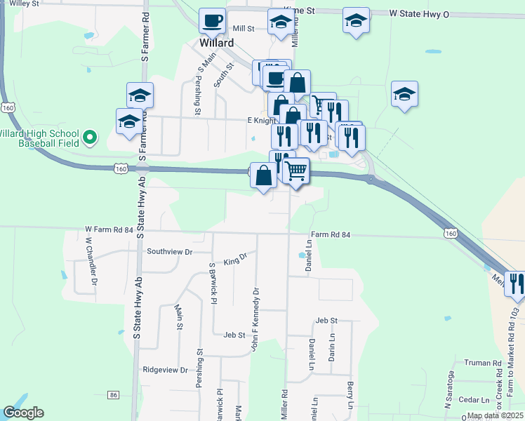 map of restaurants, bars, coffee shops, grocery stores, and more near 302 Proctor Road in Willard