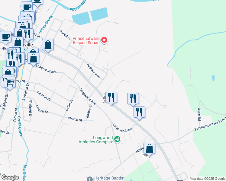 map of restaurants, bars, coffee shops, grocery stores, and more near 215 Hylawn Avenue in Farmville