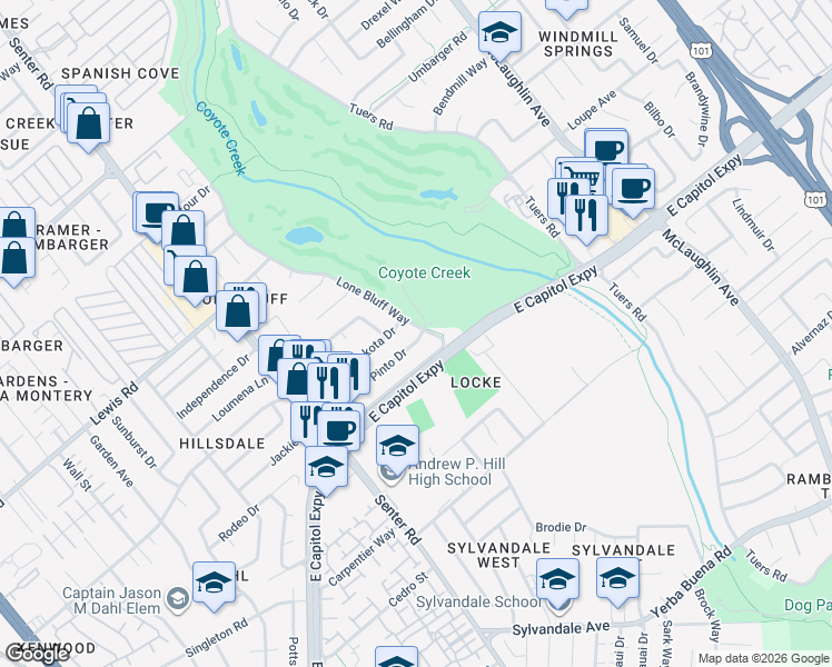 map of restaurants, bars, coffee shops, grocery stores, and more near 3171 Lone Bluff Way in San Jose