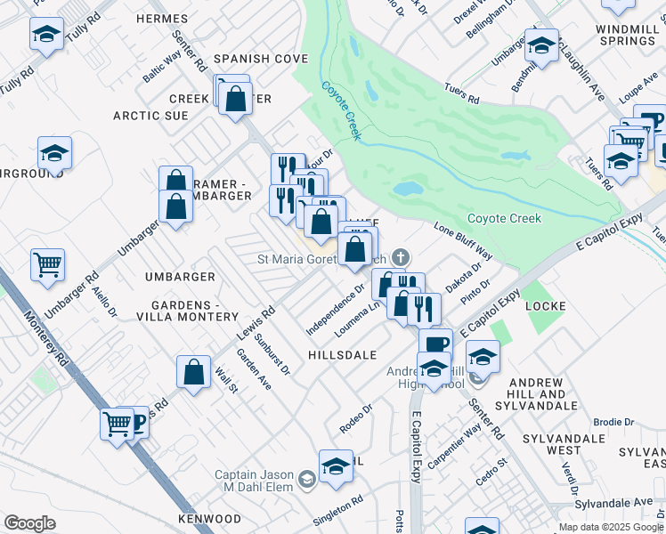 map of restaurants, bars, coffee shops, grocery stores, and more near 2905 Senter Road in San Jose