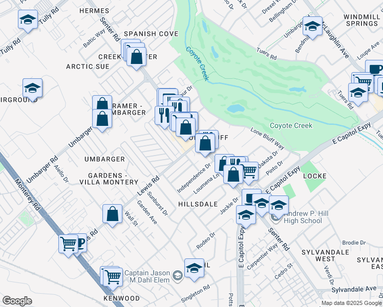 map of restaurants, bars, coffee shops, grocery stores, and more near 2897 Senter Road in San Jose