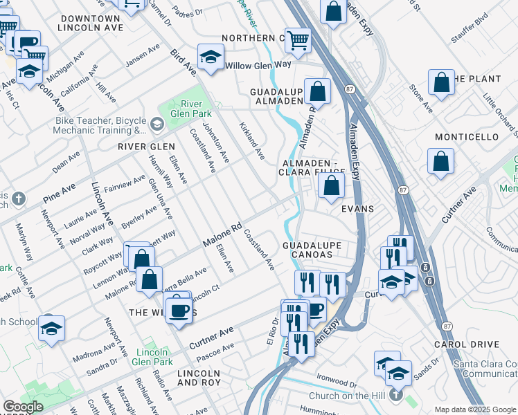 map of restaurants, bars, coffee shops, grocery stores, and more near 814 Creek Drive in San Jose