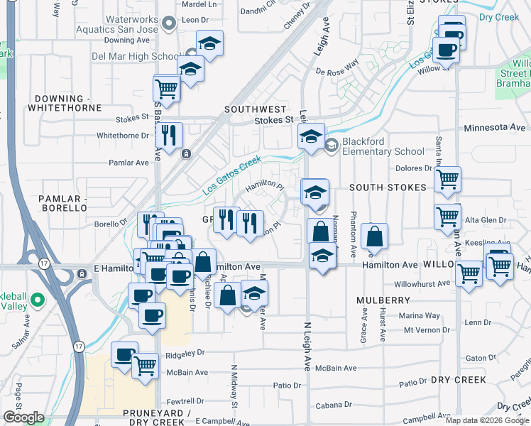 map of restaurants, bars, coffee shops, grocery stores, and more near 1924 Huxley Court in San Jose