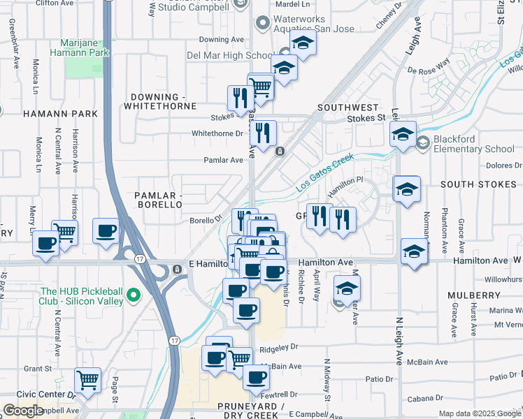 map of restaurants, bars, coffee shops, grocery stores, and more near 2140 Southwest Expressway in San Jose