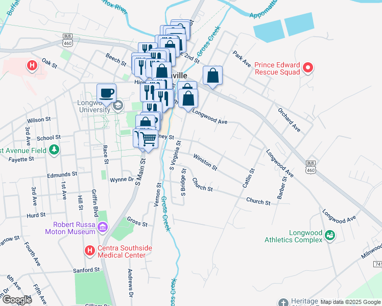 map of restaurants, bars, coffee shops, grocery stores, and more near 200-298 S Bridge St in Farmville
