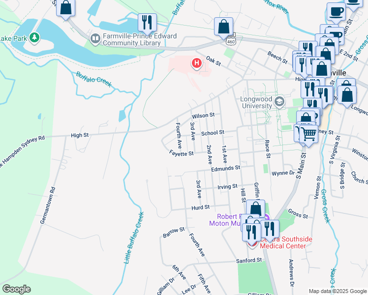 map of restaurants, bars, coffee shops, grocery stores, and more near 410 Fourth Avenue in Farmville