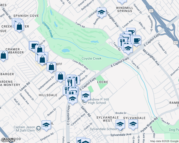 map of restaurants, bars, coffee shops, grocery stores, and more near 3171 Lone Bluff Way in San Jose
