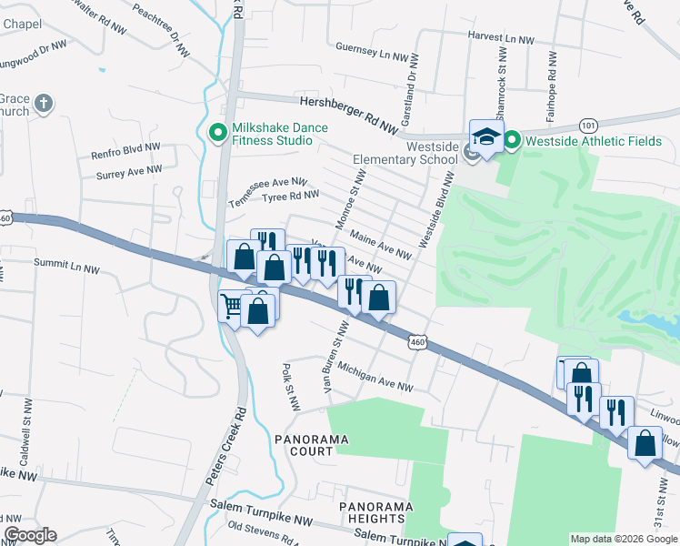 map of restaurants, bars, coffee shops, grocery stores, and more near 4042 Vermont Ave NW in Roanoke