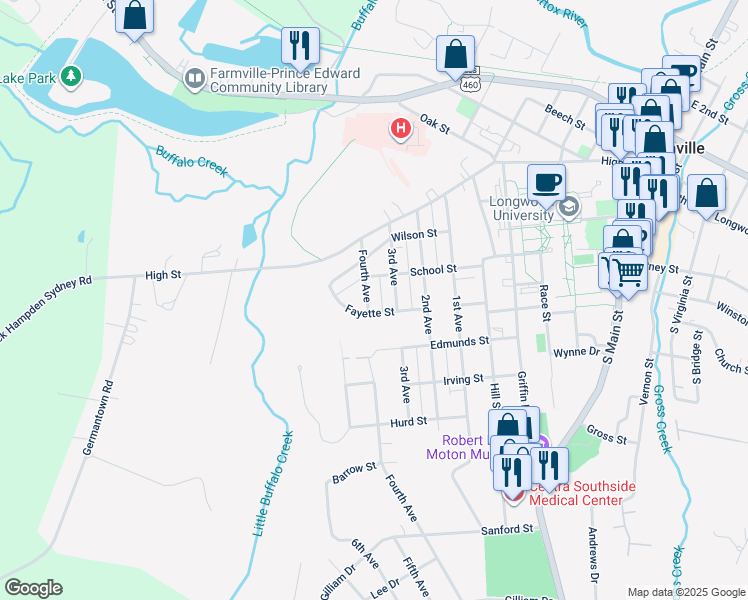 map of restaurants, bars, coffee shops, grocery stores, and more near 410 Fourth Avenue in Farmville