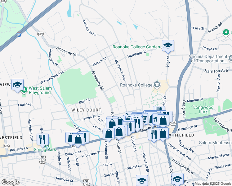 map of restaurants, bars, coffee shops, grocery stores, and more near 349 North Broad Street in Salem