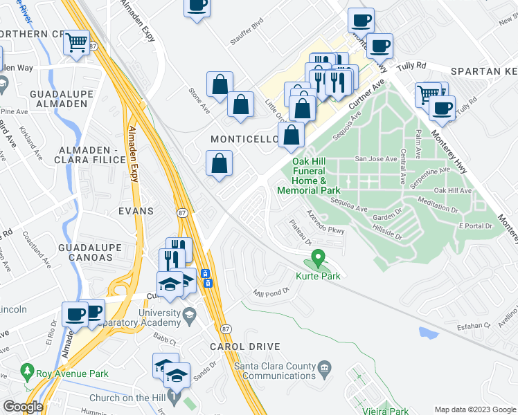 map of restaurants, bars, coffee shops, grocery stores, and more near 342 Olive Hill Drive in San Jose