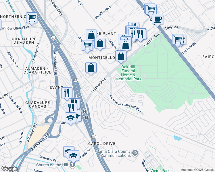map of restaurants, bars, coffee shops, grocery stores, and more near 342 Olive Hill Drive in San Jose