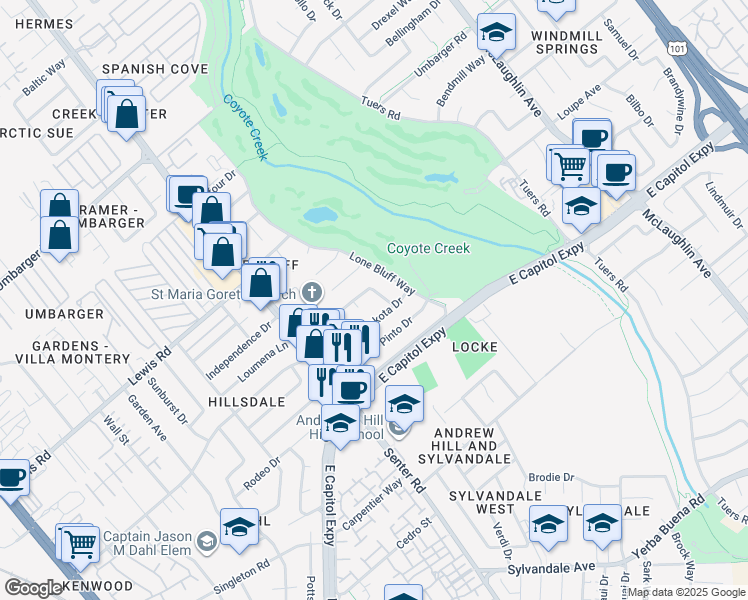 map of restaurants, bars, coffee shops, grocery stores, and more near 734 Overland Way in San Jose