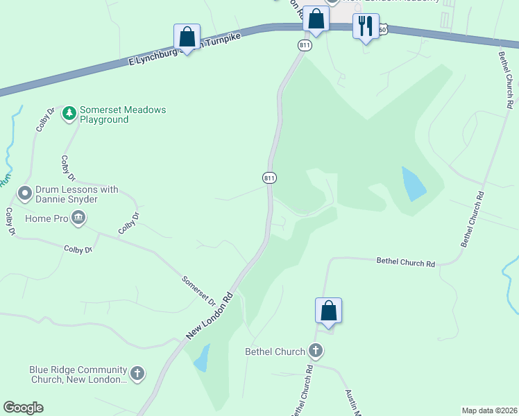 map of restaurants, bars, coffee shops, grocery stores, and more near 1547 New London Road in Forest