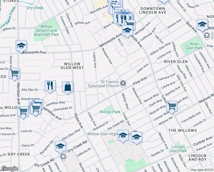 map of restaurants, bars, coffee shops, grocery stores, and more near 1267 Mildred Avenue in San Jose
