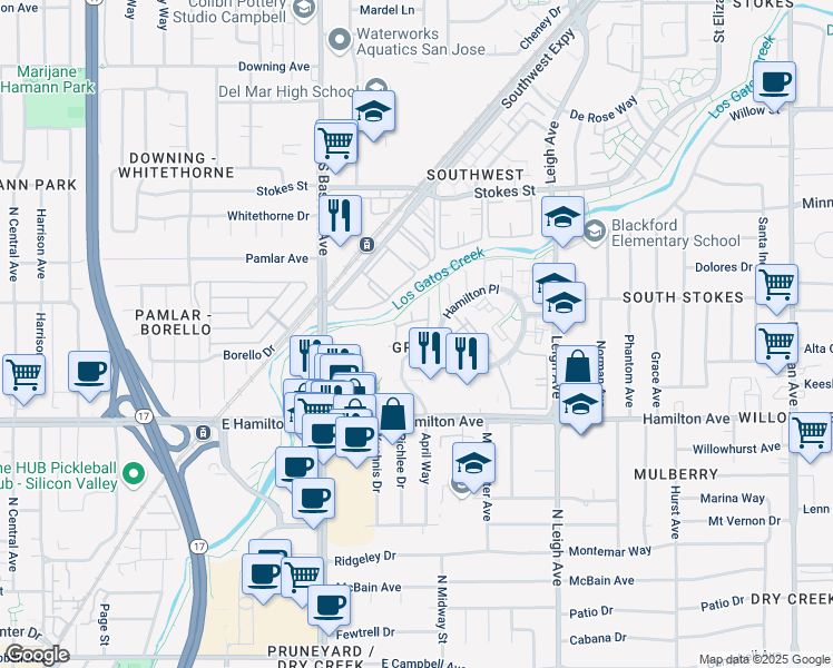 map of restaurants, bars, coffee shops, grocery stores, and more near 1374 Keenan Way in San Jose