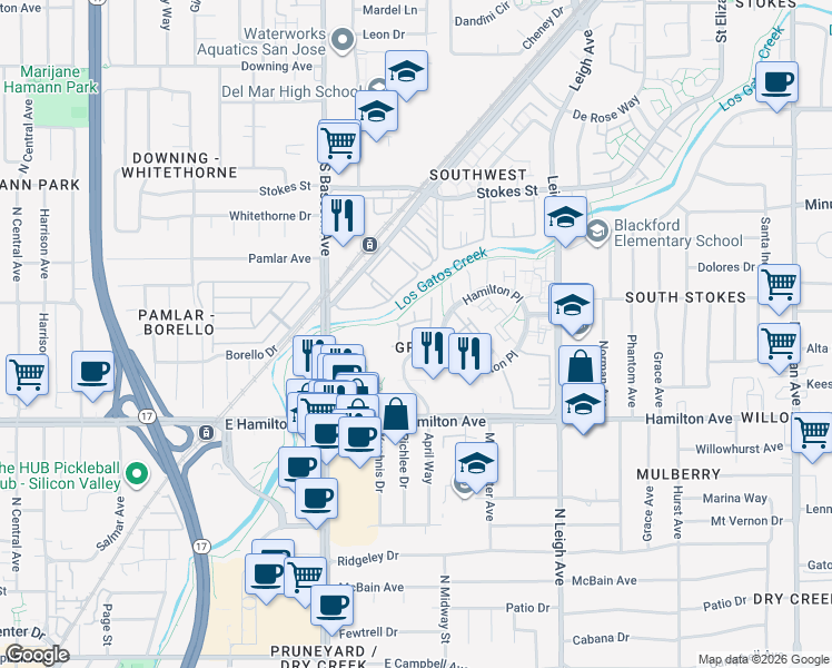 map of restaurants, bars, coffee shops, grocery stores, and more near 1374 Keenan Way in San Jose