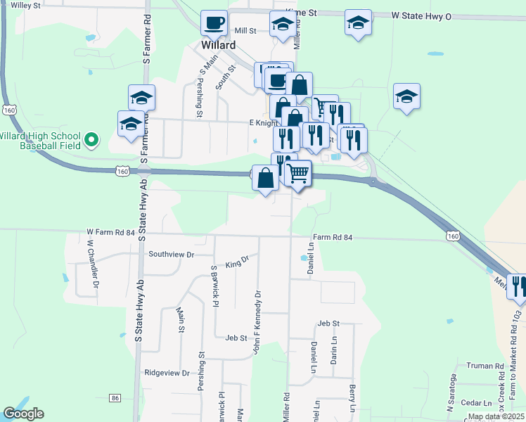 map of restaurants, bars, coffee shops, grocery stores, and more near 302 Proctor Road in Willard