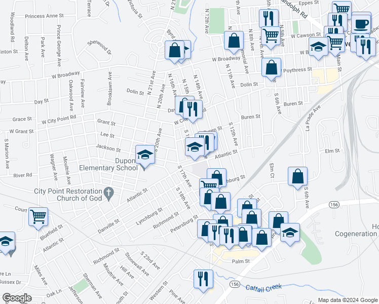 map of restaurants, bars, coffee shops, grocery stores, and more near 212 South 16th Avenue in Hopewell