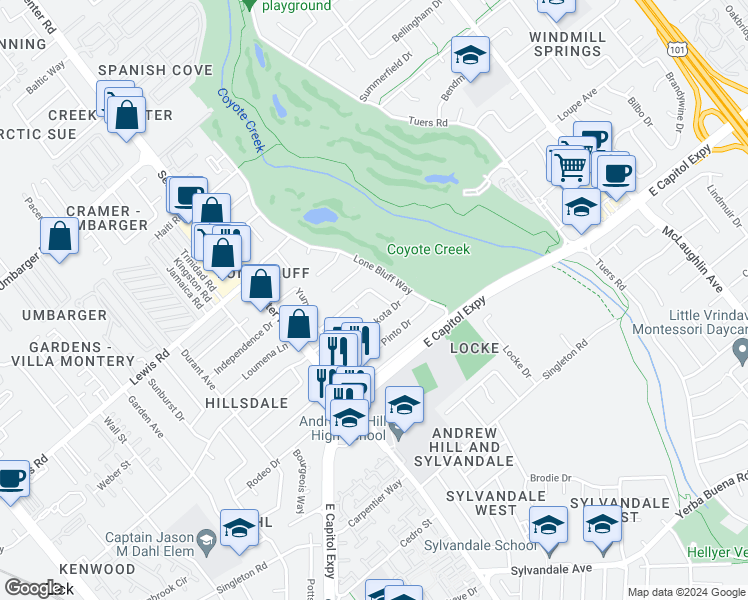 map of restaurants, bars, coffee shops, grocery stores, and more near 734 Overland Way in San Jose