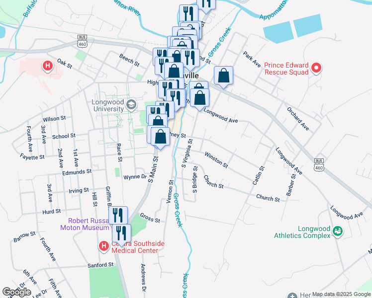map of restaurants, bars, coffee shops, grocery stores, and more near 303 South Virginia Street in Farmville