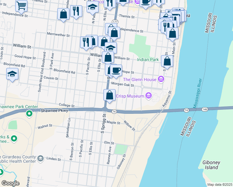 map of restaurants, bars, coffee shops, grocery stores, and more near 612 Jefferson Avenue in Cape Girardeau