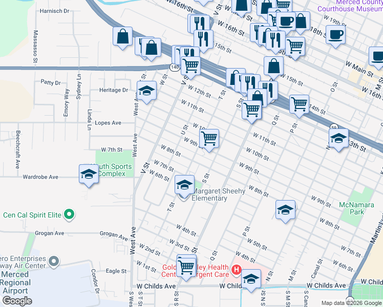 map of restaurants, bars, coffee shops, grocery stores, and more near 1328 West 9th Street in Merced