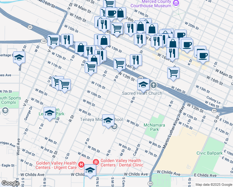 map of restaurants, bars, coffee shops, grocery stores, and more near 827 West 11th Street in Merced