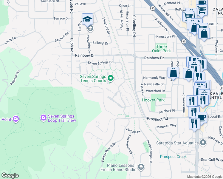 map of restaurants, bars, coffee shops, grocery stores, and more near 11764 Ridge Creek Court in Cupertino