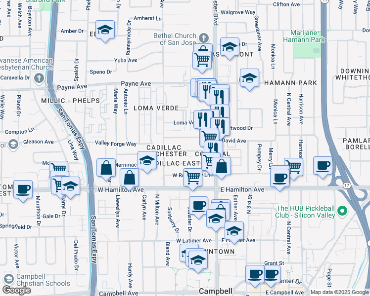 map of restaurants, bars, coffee shops, grocery stores, and more near 3189 Cadillac Drive in San Jose