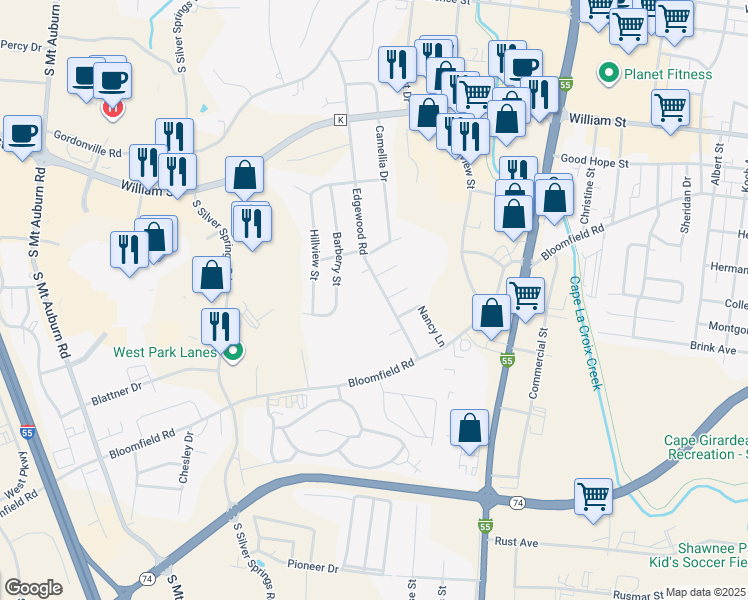 map of restaurants, bars, coffee shops, grocery stores, and more near 327 Edgewood Road in Cape Girardeau
