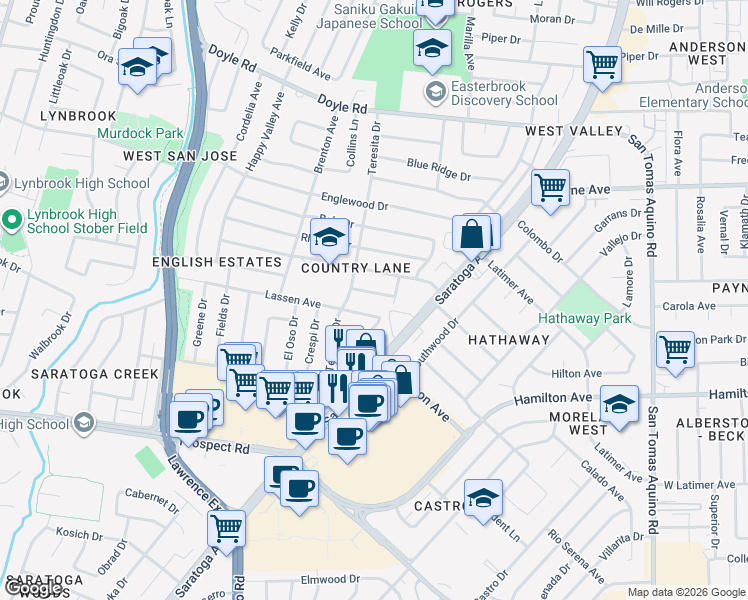 map of restaurants, bars, coffee shops, grocery stores, and more near 4967 Augusta Way in San Jose