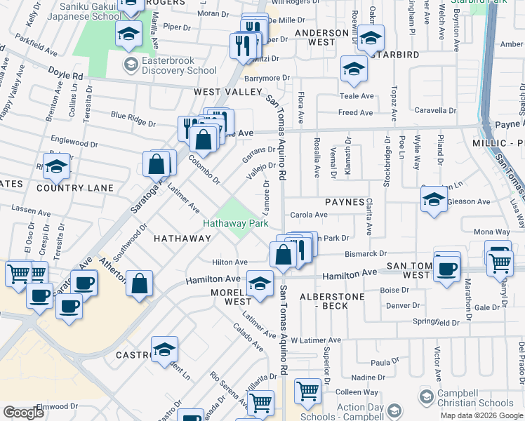 map of restaurants, bars, coffee shops, grocery stores, and more near 4328 Bayne Place in San Jose