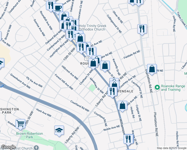 map of restaurants, bars, coffee shops, grocery stores, and more near 2718 Bowman Street Northwest in Roanoke