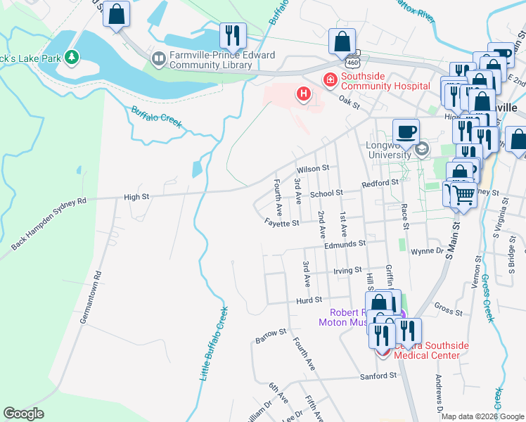 map of restaurants, bars, coffee shops, grocery stores, and more near 298 Fayette St in Farmville