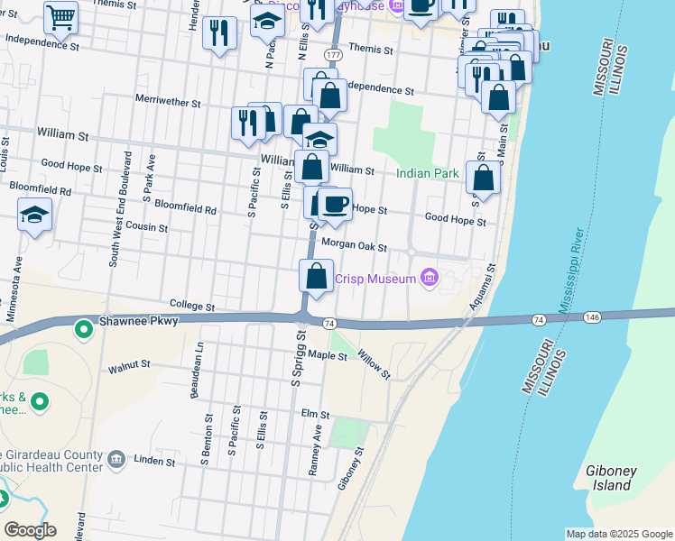 map of restaurants, bars, coffee shops, grocery stores, and more near 604 Jefferson Avenue in Cape Girardeau