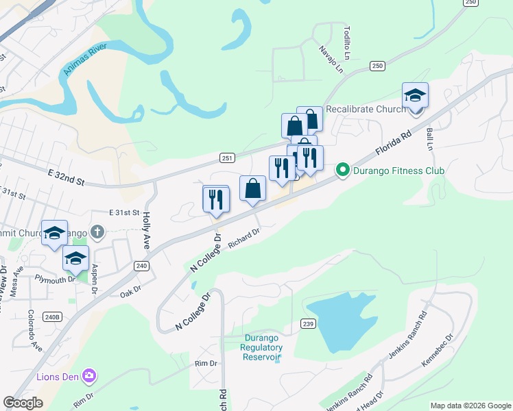 map of restaurants, bars, coffee shops, grocery stores, and more near in Durango