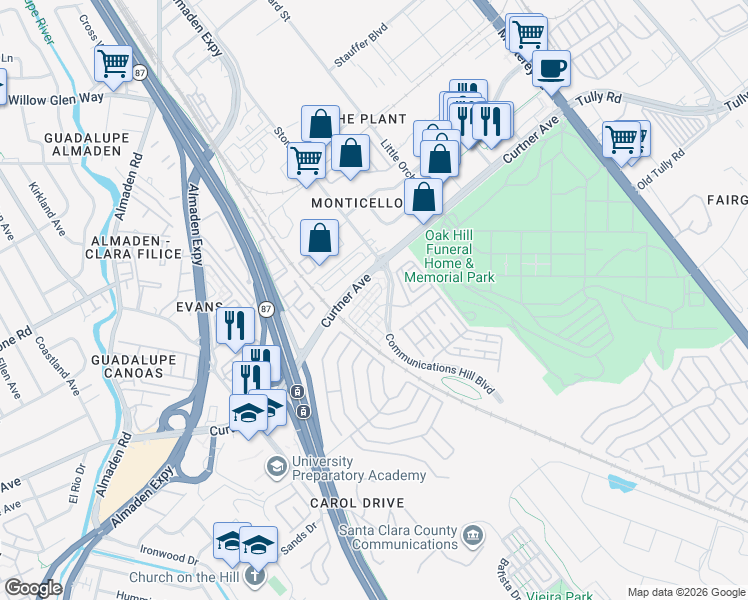 map of restaurants, bars, coffee shops, grocery stores, and more near 2240 Winepol Loop in San Jose