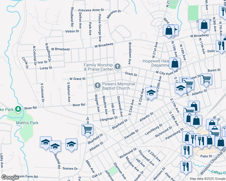 map of restaurants, bars, coffee shops, grocery stores, and more near 2604 Jackson Street in Hopewell