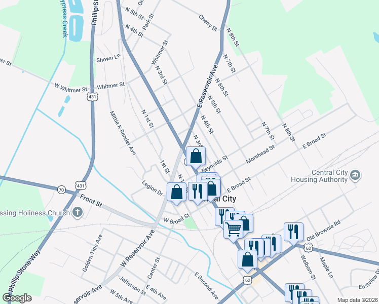 map of restaurants, bars, coffee shops, grocery stores, and more near 130-134 East Reservoir Avenue in Central City