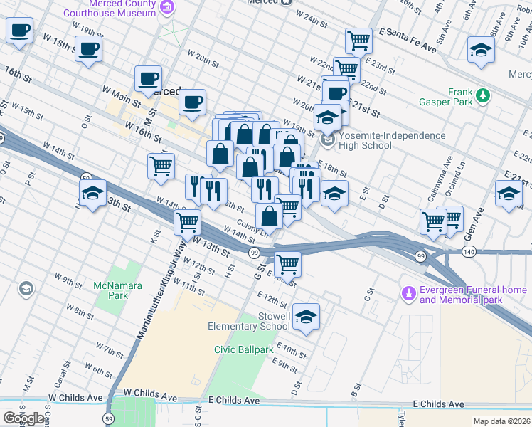 map of restaurants, bars, coffee shops, grocery stores, and more near 15 West 15th Street in Merced
