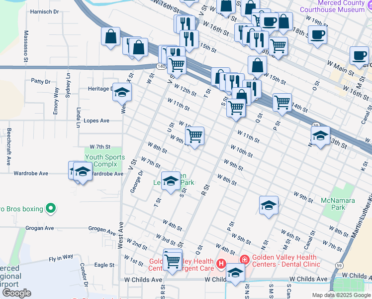 map of restaurants, bars, coffee shops, grocery stores, and more near 836 T Street in Merced
