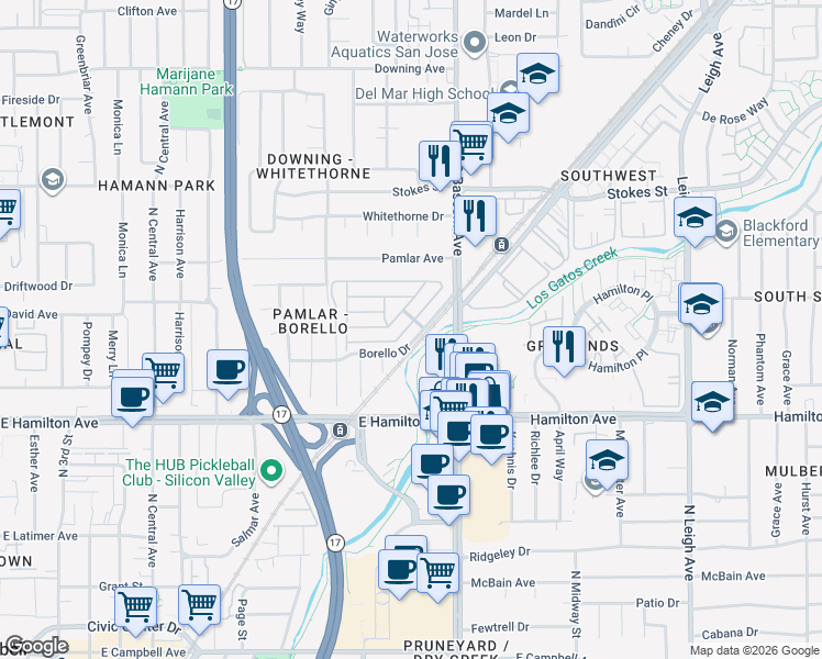 map of restaurants, bars, coffee shops, grocery stores, and more near 177 Quail Hollow Drive in San Jose
