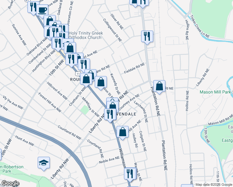 map of restaurants, bars, coffee shops, grocery stores, and more near 2701 Kennedy Street Northeast in Roanoke
