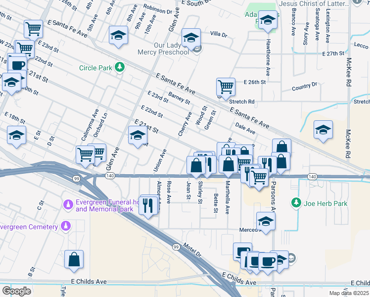 map of restaurants, bars, coffee shops, grocery stores, and more near 1220 East 21st Street in Merced