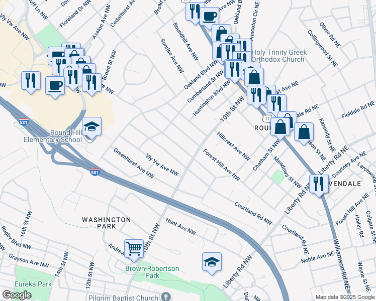 map of restaurants, bars, coffee shops, grocery stores, and more near 3315 Greenland Avenue Northwest in Roanoke