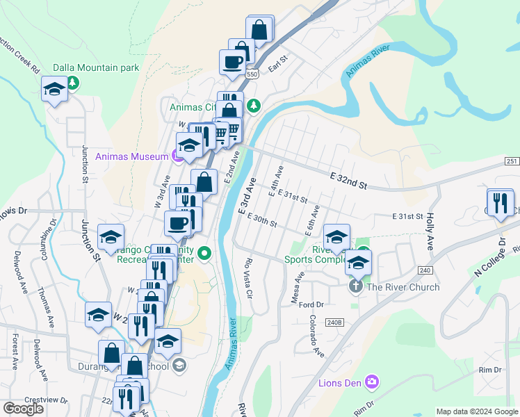 map of restaurants, bars, coffee shops, grocery stores, and more near 3055 East 4th Avenue in Durango