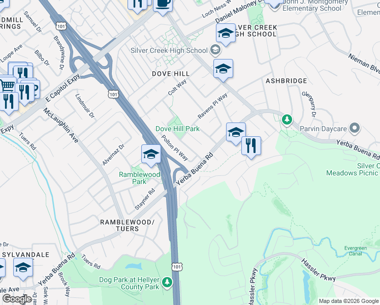 map of restaurants, bars, coffee shops, grocery stores, and more near 3817 Deans Place Way in San Jose